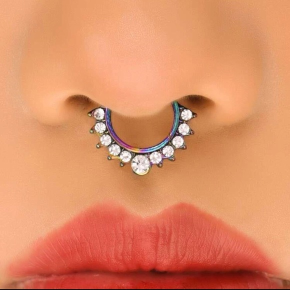 ⭐️ Awesome Pierce-less Rainbow Oil Slick Metallic Rhinestone Septum (nose) Ring - Picture 1 of 3
